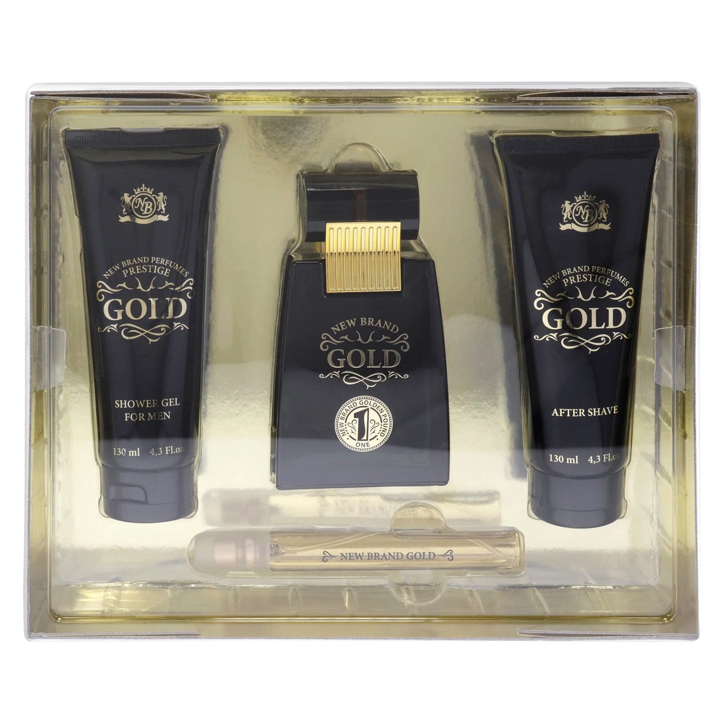 New Brand Gold 4 Pc Set 3.3oz EDT Spray, 4.3oz Shower Gel, 4.3oz After Shave, 0.5oz EDT Spray