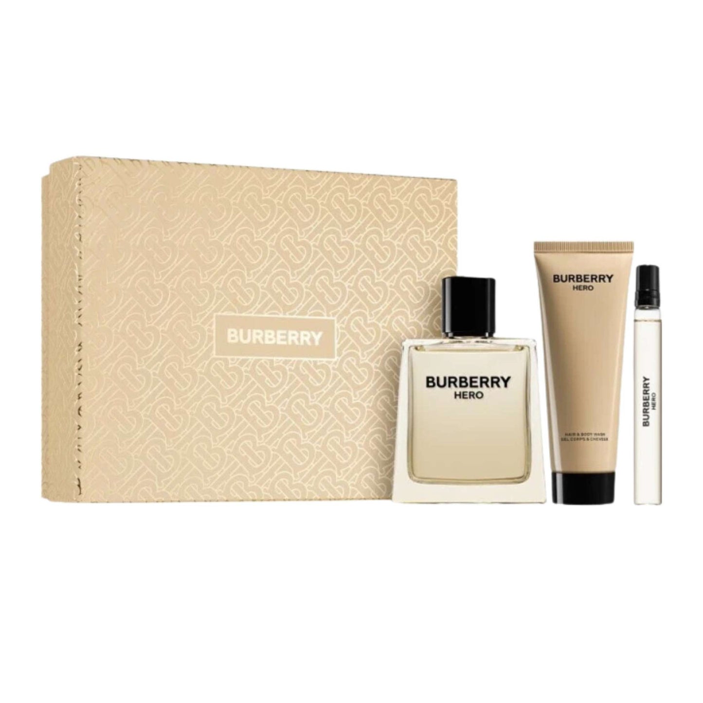 Burberry Hero Men 3Pcs Set 3.3oz EDT Spray + 0.33oz Travel Spray + 2.5oz Hair and Body Wash
