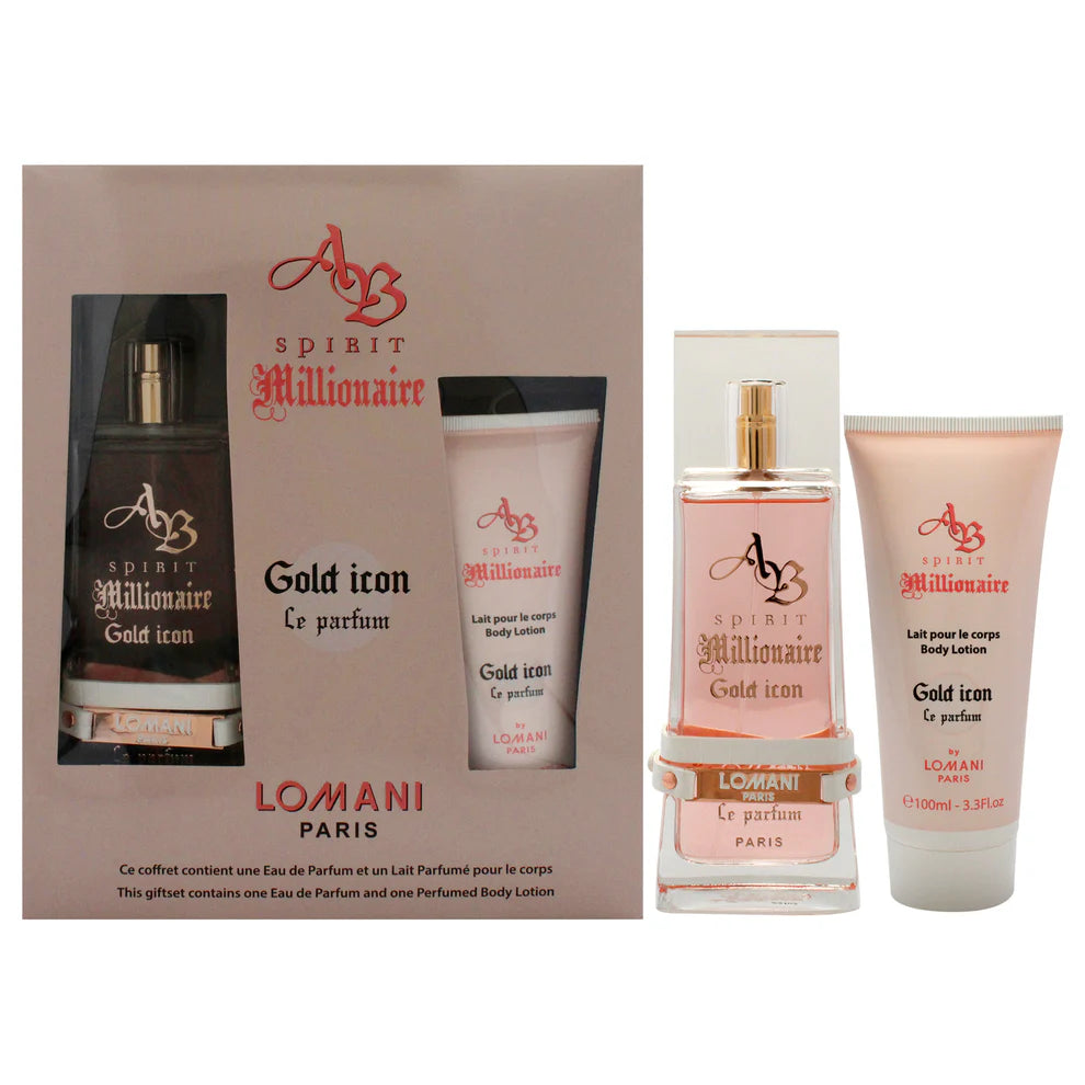 Lomani Ab Spirit Millionaire Gold Icon Women 2 Pcs Set 3.3 oz EDP Spray 3.3 oz Body Lotion