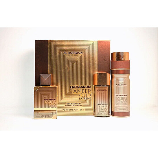 Al Haramain Amber Oud Extreme Unisex Set 3Pc Set 2.5oz Extrait de Parfum Spray 1oz Extrair De Parfum Spray 6.6 oz Deo Spray