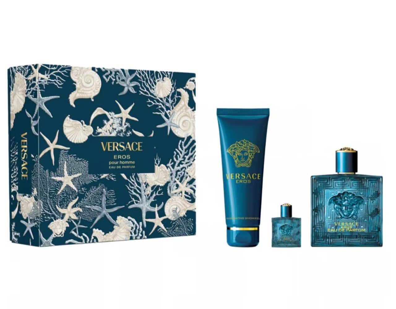 Versace Eros Pour Homme 3 Pcs Set 3.4 oz EDP Spray 5 oz Shower Gel 5 ml mini