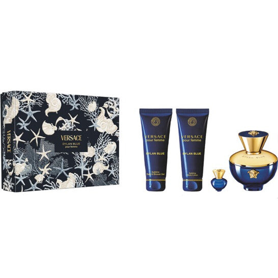 Versace Dylan Blue Women 4Pcs Set 3.4 oz EDP Spray 3.4 oz Body Lotion 3.4 oz Shower Gel 5 ml Mini