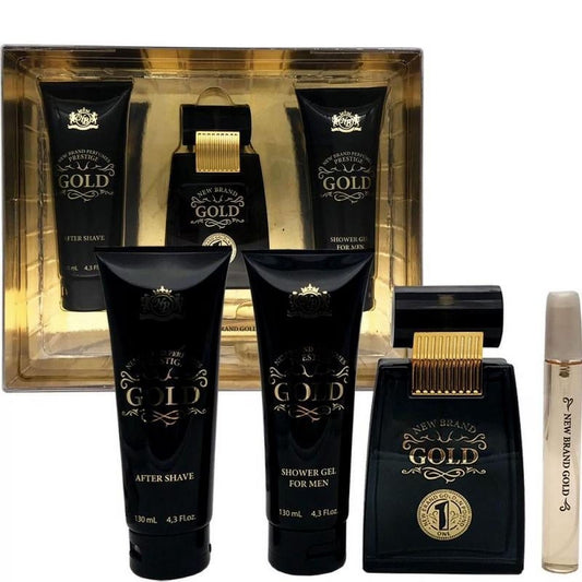 New Brand Gold 4 Pc Set 3.3oz EDT Spray, 4.3oz Shower Gel, 4.3oz After Shave, 0.5oz EDT Spray