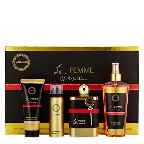 Armaf Le Femme for Women Set 4Pcs (3.4oz EDP Spray +3.4 oz Body Lotion + 1.7 oz Body Spray + 8.4 oz Body Mist)