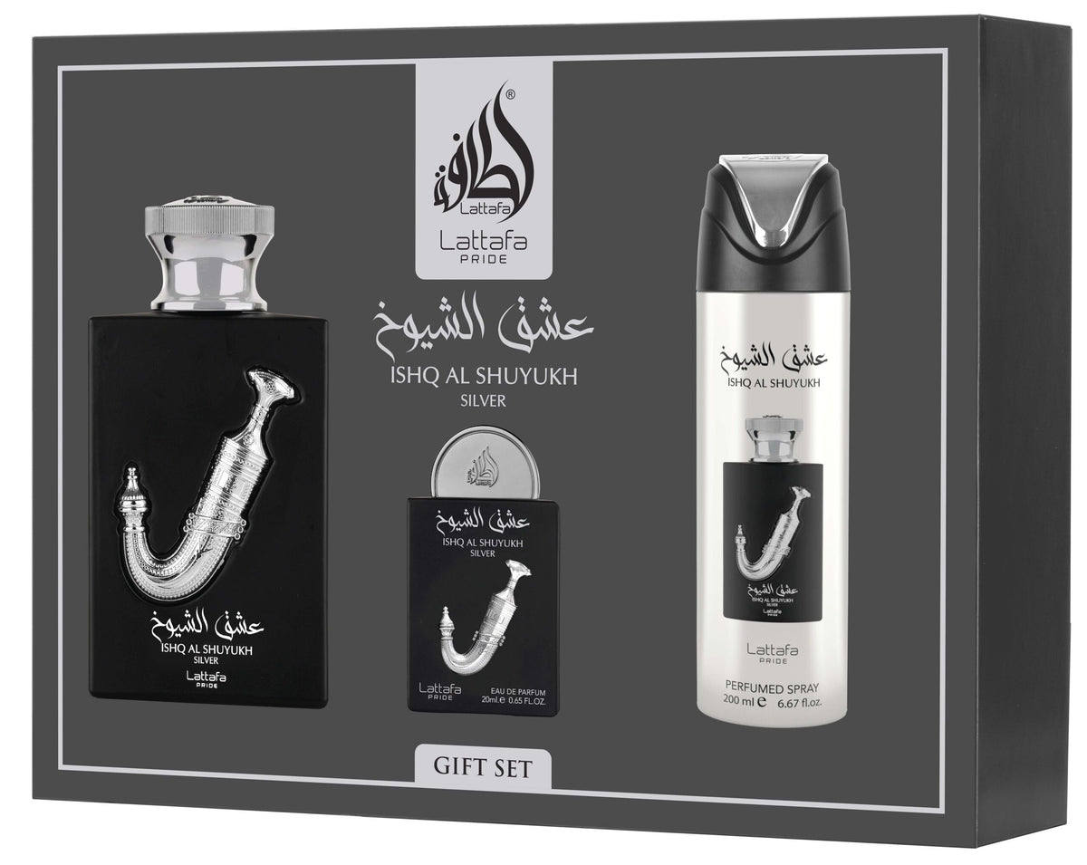 Lattafa Perfumes Ishq Al Shuyukh Silver Men 3Pcs Set 3.4 oz EDP Spray