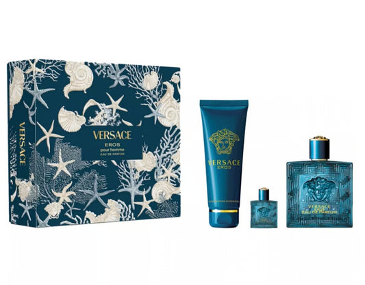 Versace Eros Pour Homme 3 Pcs Set 3.4 oz EDP Spray 5 oz Shower Gel 5 ml mini