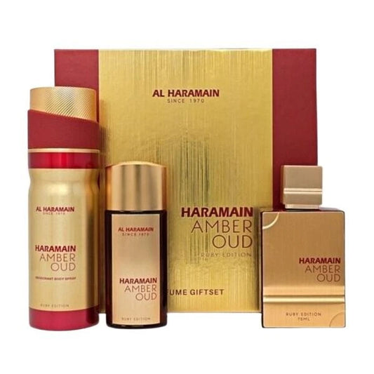 Al Haramain Amber Oud Ruby Unisex 3 Pcs Set 2.5 oz EDP Spray 1 oz EDP Spray 6.6 oz Body Spray