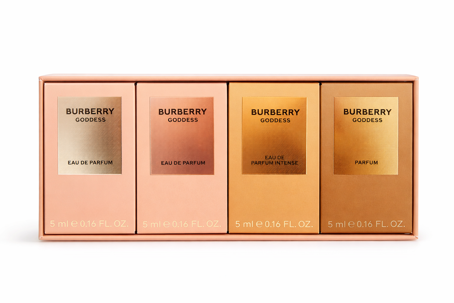 Burberry Goddess 4 Mini Pcs Set 0.16oz EDP Spray + 0.16oz EDP Spray+ 0.16oz Parfum Intense Spray + 0.16oz Parfum Spray